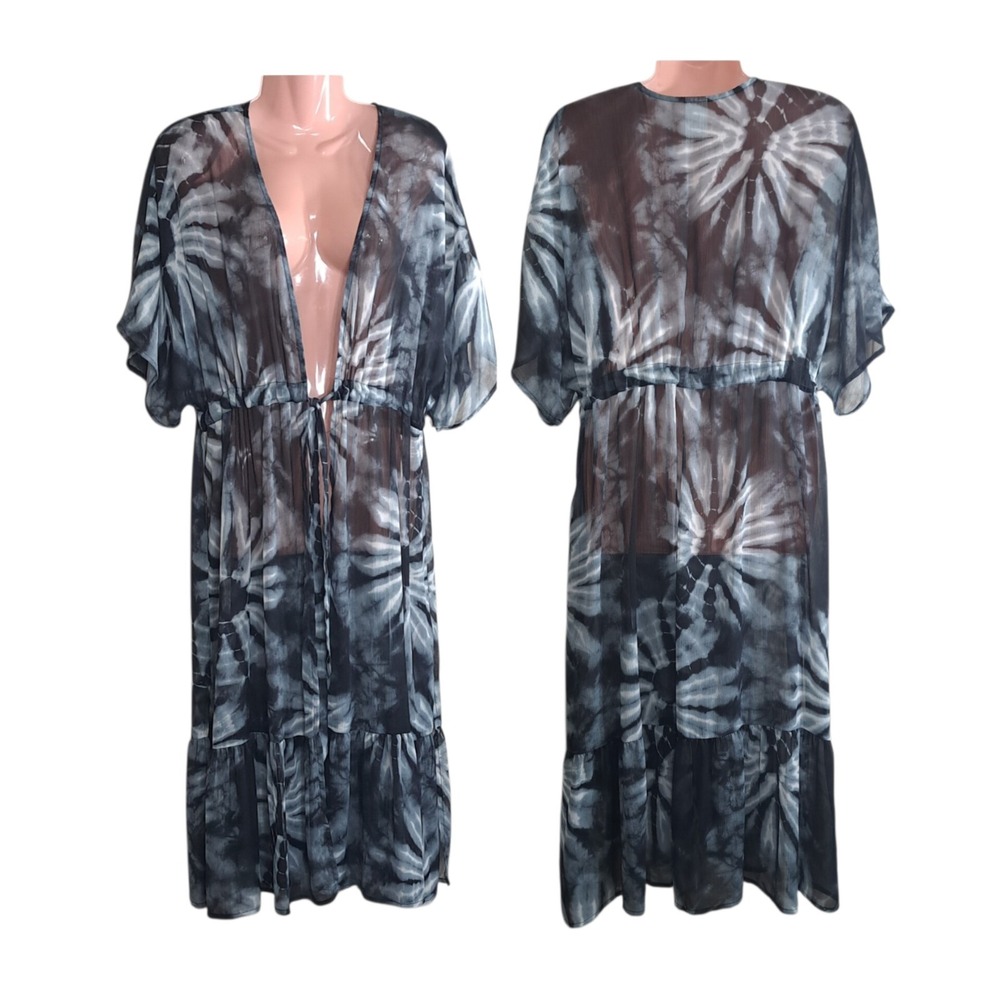 No Boundaries Long Cardigan Bohemian Sheer Size 2XL‎ Black/Gray Tie Dye